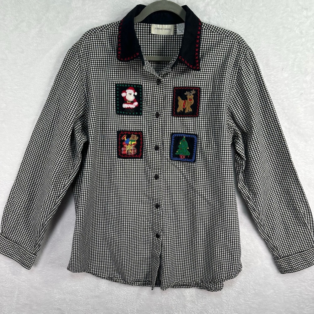 Lemon Grass Button Up Shirt Womens XL Black Gingham Christmas Embroidered Cotton